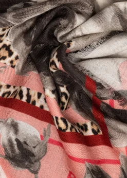 ANIMALIER PRINT WOOL FOULARD SCARF WITH ROSES
