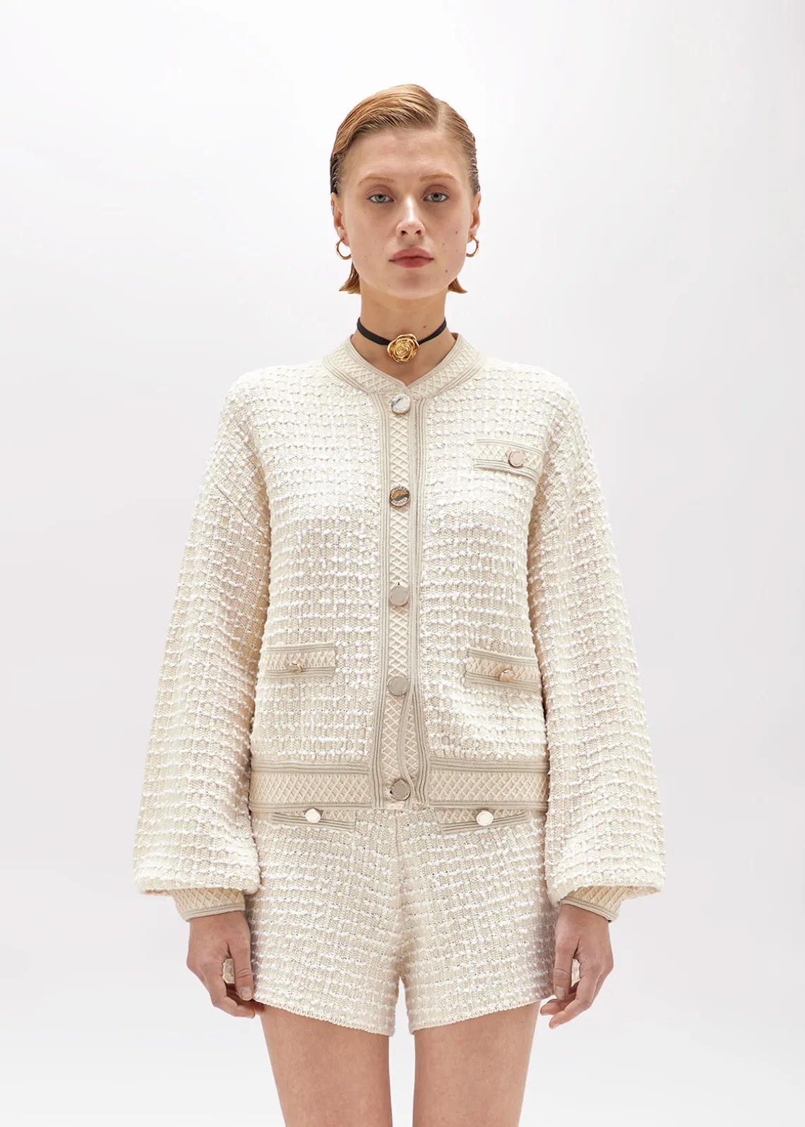 BOUCLÉ KNIT JACQUARD BOMBER JACKET