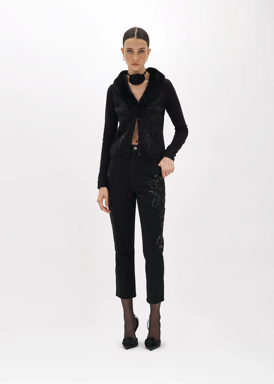 CARDIGAN WITH EMBROIDERY AND FAUX FUR COLLAR