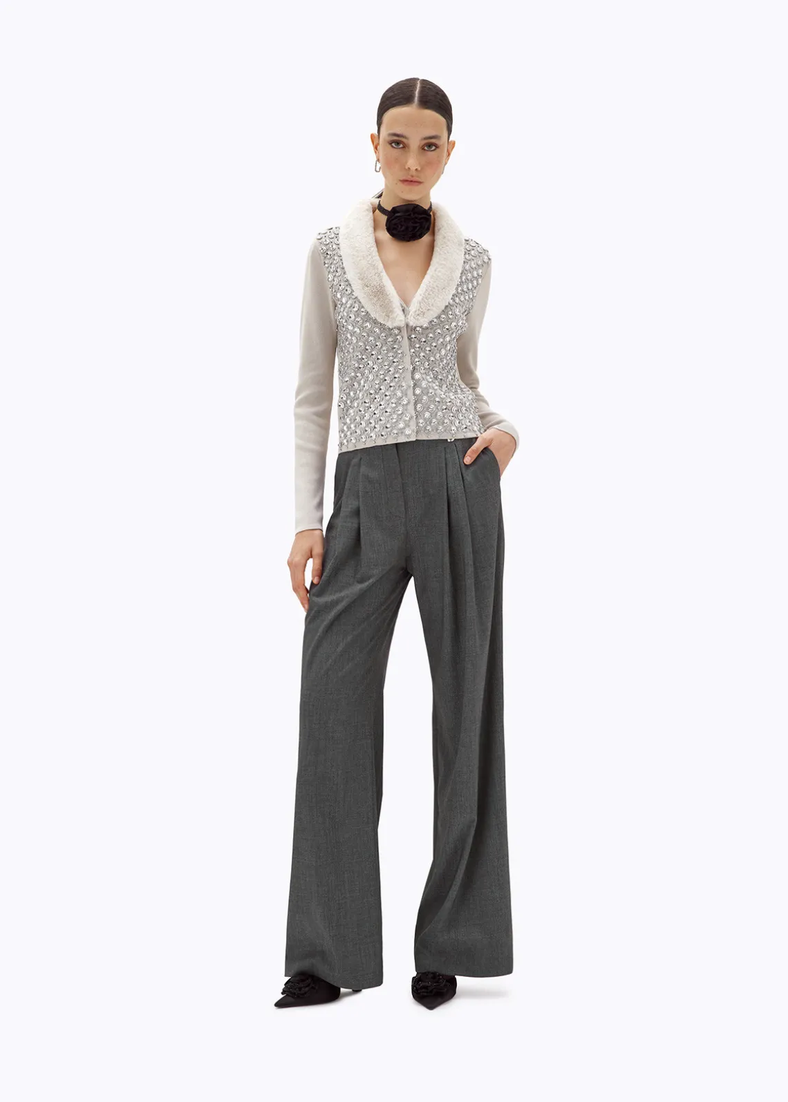 CARDIGAN WITH EMBROIDERY AND FAUX FUR COLLAR