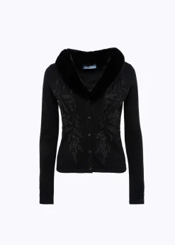 CARDIGAN WITH EMBROIDERY AND FAUX FUR COLLAR