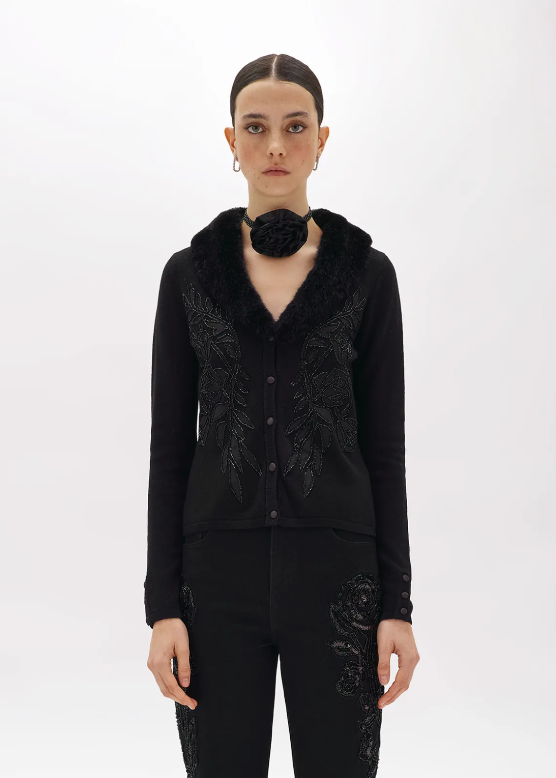 CARDIGAN WITH EMBROIDERY AND FAUX FUR COLLAR