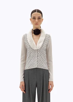CARDIGAN WITH EMBROIDERY AND FAUX FUR COLLAR