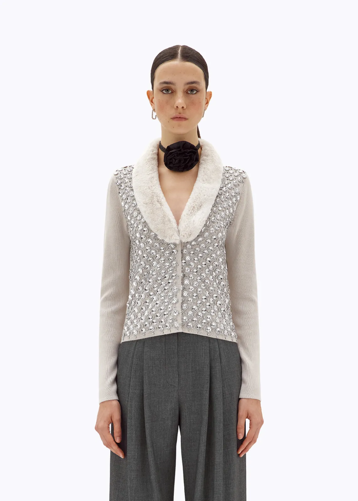 CARDIGAN WITH EMBROIDERY AND FAUX FUR COLLAR