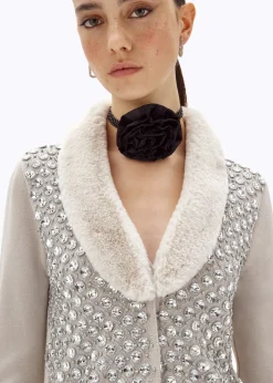 CARDIGAN WITH EMBROIDERY AND FAUX FUR COLLAR