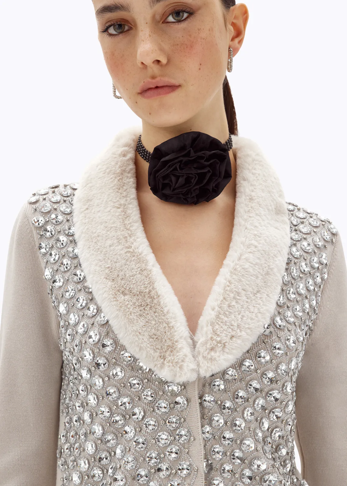 CARDIGAN WITH EMBROIDERY AND FAUX FUR COLLAR