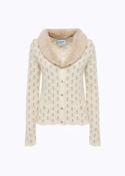 CARDIGAN WITH RHINESTONES AND FAUX FUR COLLAR