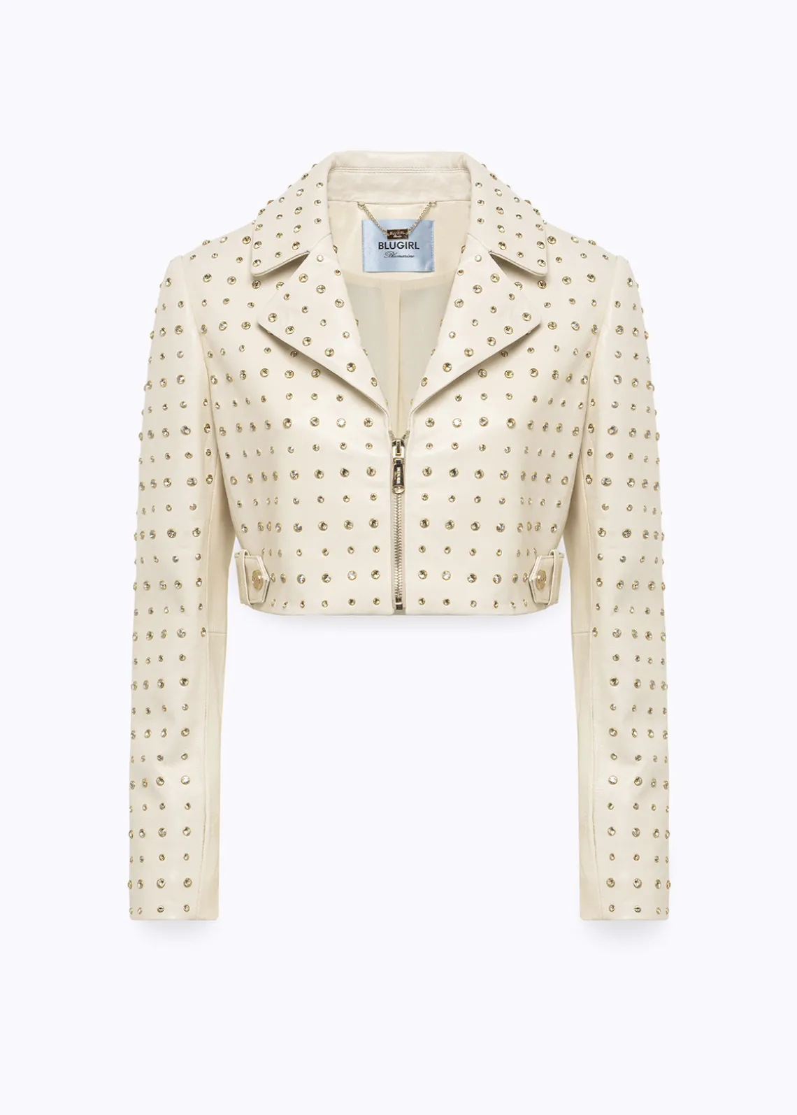 CROPPED LEATHER BIKER JACKET WITH CRYSTAL RIVETS