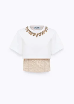 CROPPED T-SHIRT WITH EMBROIDERY AND LACE TOP