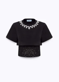 CROPPED T-SHIRT WITH EMBROIDERY AND LACE TOP
