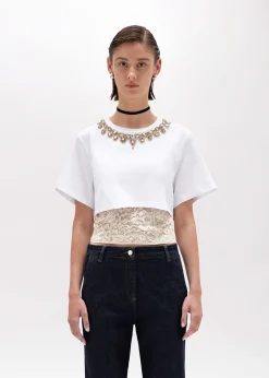 CROPPED T-SHIRT WITH EMBROIDERY AND LACE TOP