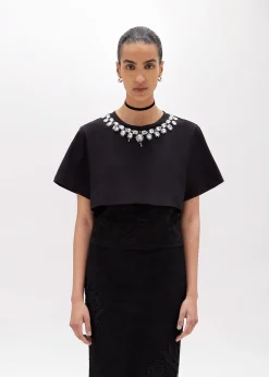 CROPPED T-SHIRT WITH EMBROIDERY AND LACE TOP