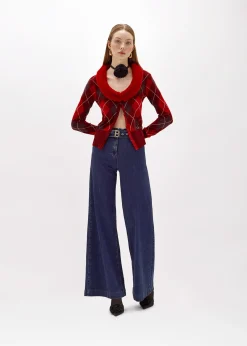 DIAMOND PATTERN CARDIGAN WITH FAUX FUR COLLAR