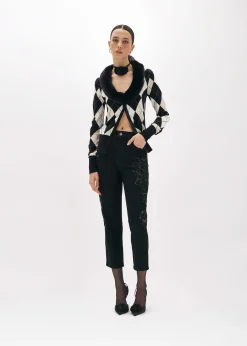 DIAMOND PATTERN CARDIGAN WITH FAUX FUR COLLAR