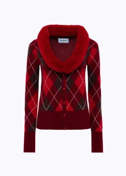 DIAMOND PATTERN CARDIGAN WITH FAUX FUR COLLAR