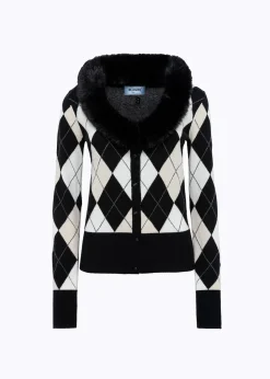 DIAMOND PATTERN CARDIGAN WITH FAUX FUR COLLAR