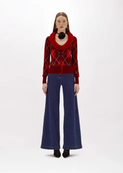 DIAMOND PATTERN CARDIGAN WITH FAUX FUR COLLAR