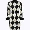 DIAMOND PATTERN DRESS WITH FAUX FUR CUFFS