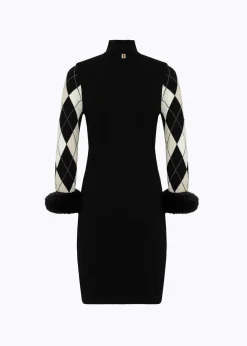 DIAMOND PATTERN DRESS WITH FAUX FUR CUFFS