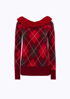 DIAMOND PATTERN SWEATER WITH FAUX FUR COLLAR