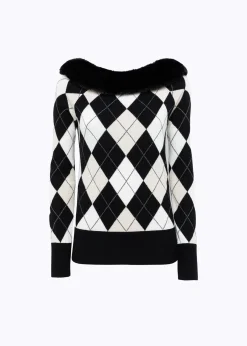 DIAMOND PATTERN SWEATER WITH FAUX FUR COLLAR