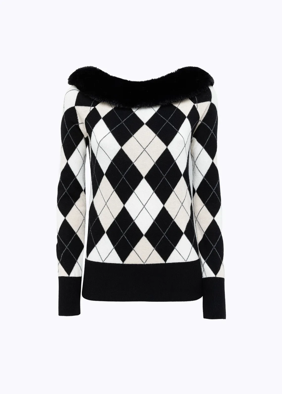 DIAMOND PATTERN SWEATER WITH FAUX FUR COLLAR