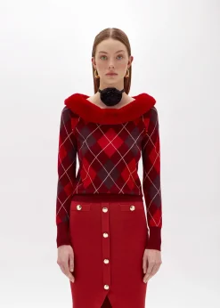 DIAMOND PATTERN SWEATER WITH FAUX FUR COLLAR