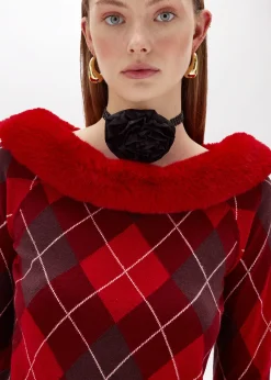 DIAMOND PATTERN SWEATER WITH FAUX FUR COLLAR