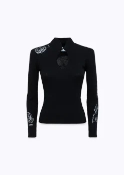 FITTED KNIT TOP WITH TULLE ROSES