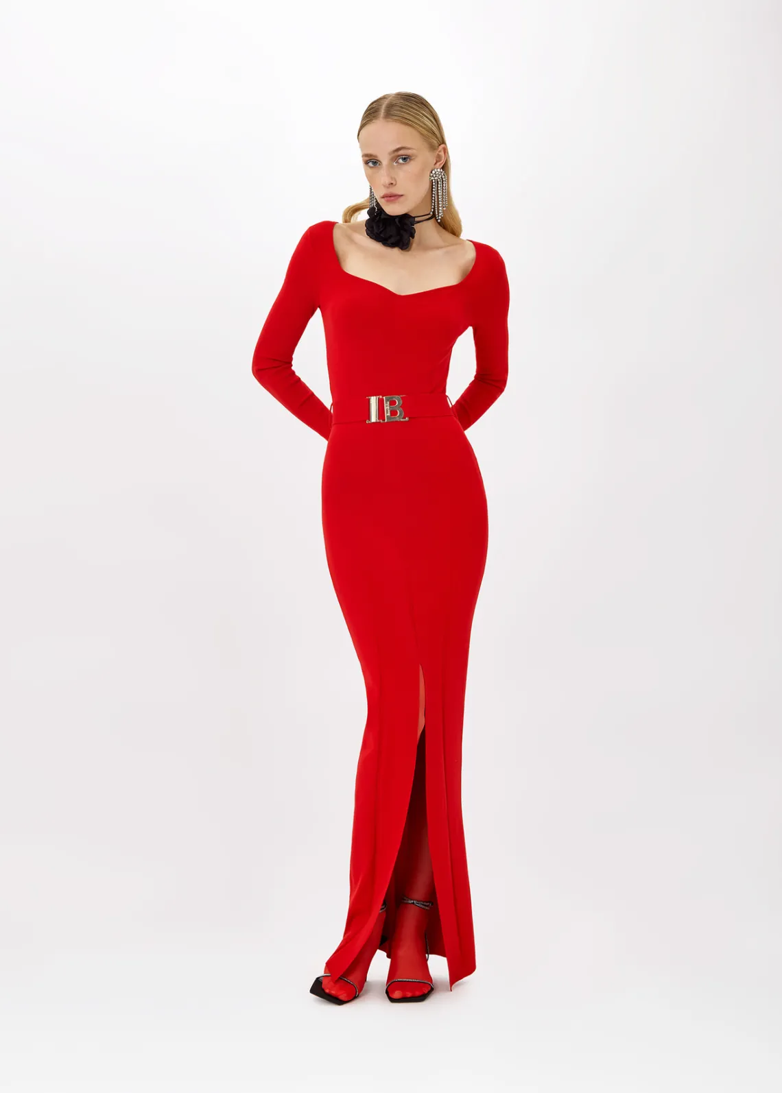 FITTED LONG DRESS WITH BRANDED BELT
