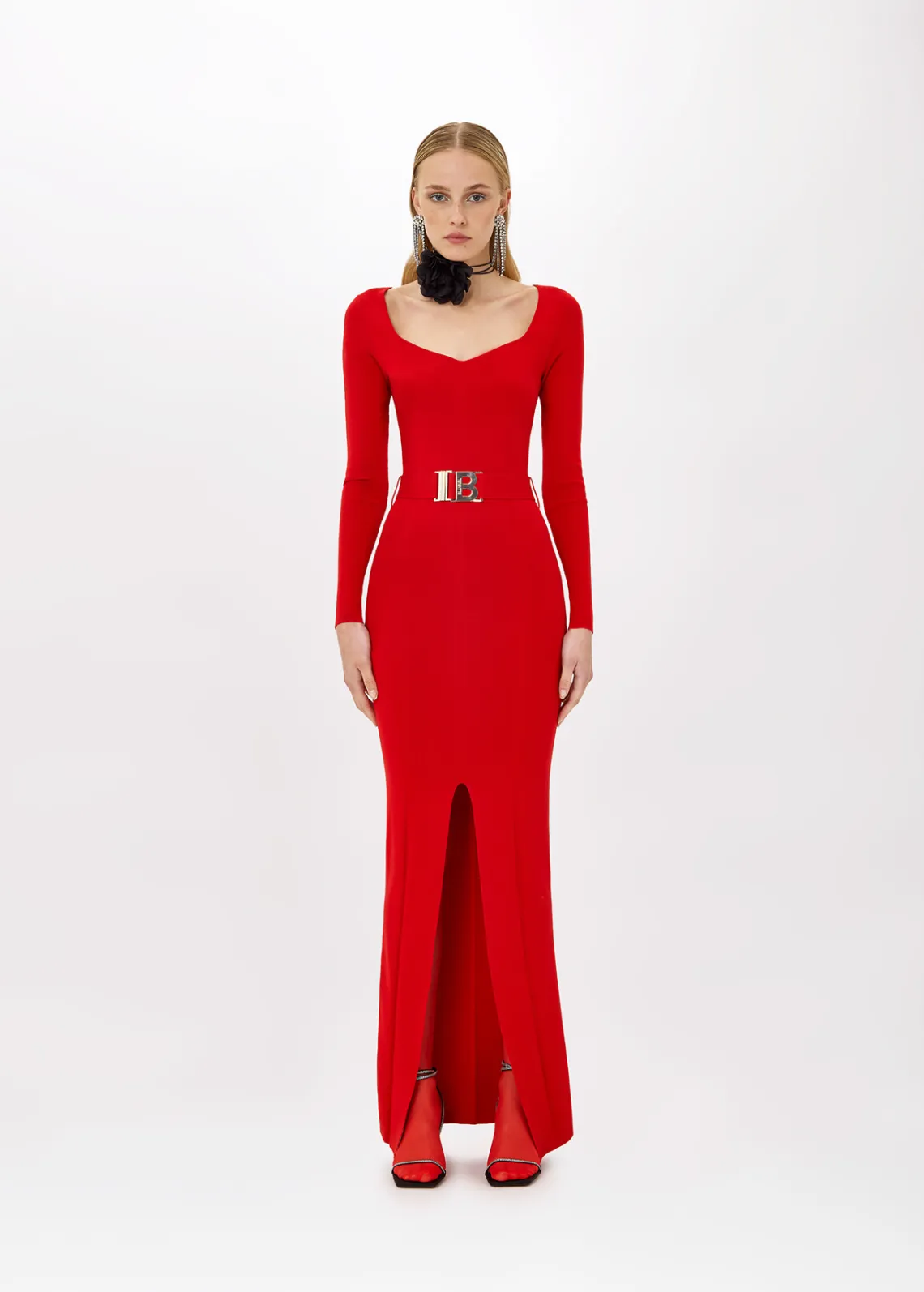 FITTED LONG DRESS WITH BRANDED BELT