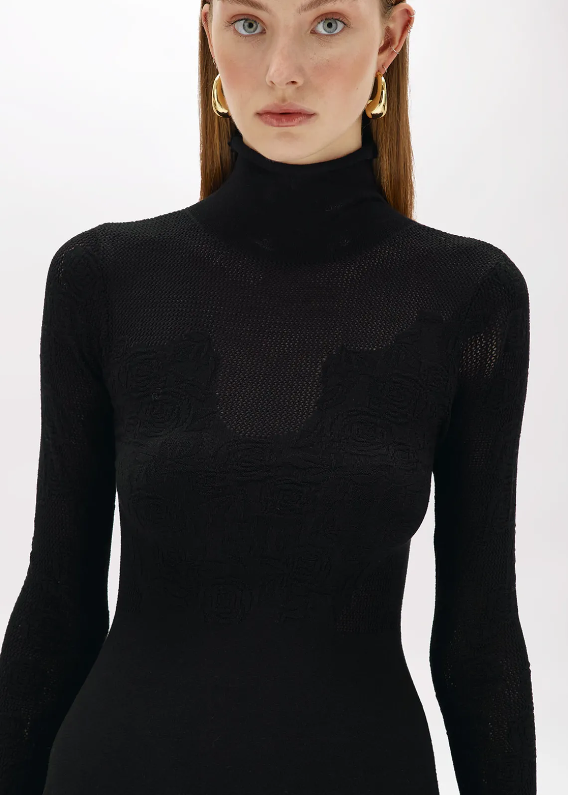 FLORAL LACE STITCH MOCK NECK DRESS