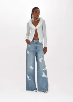 Full rhinestone viscose yarn cardigan with faux fur detailing.