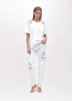 GABARDINE PANTS WITH CUT-OUT ROSE DESIGN