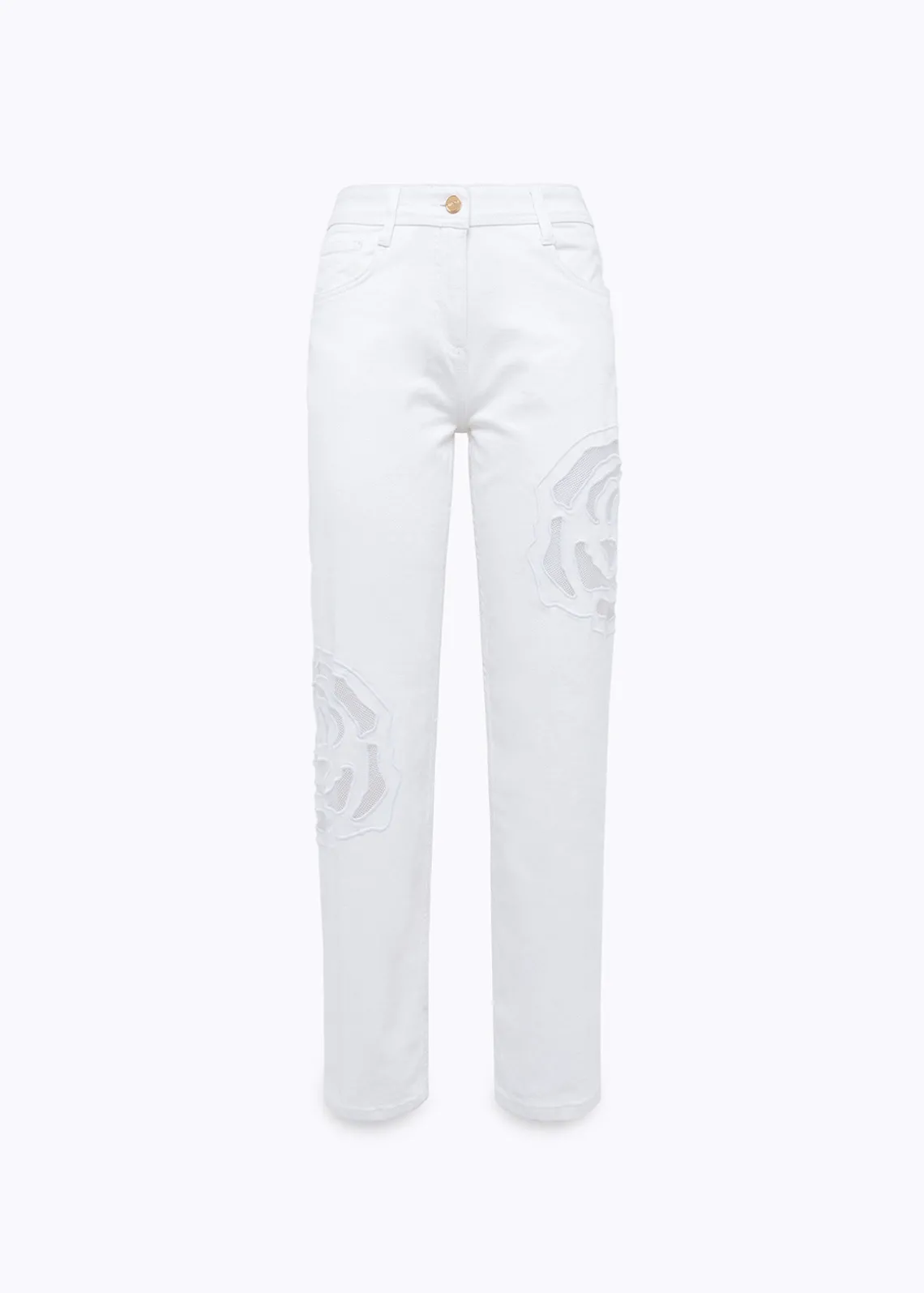 GABARDINE PANTS WITH CUT-OUT ROSE DESIGN