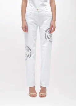 GABARDINE PANTS WITH CUT-OUT ROSE DESIGN