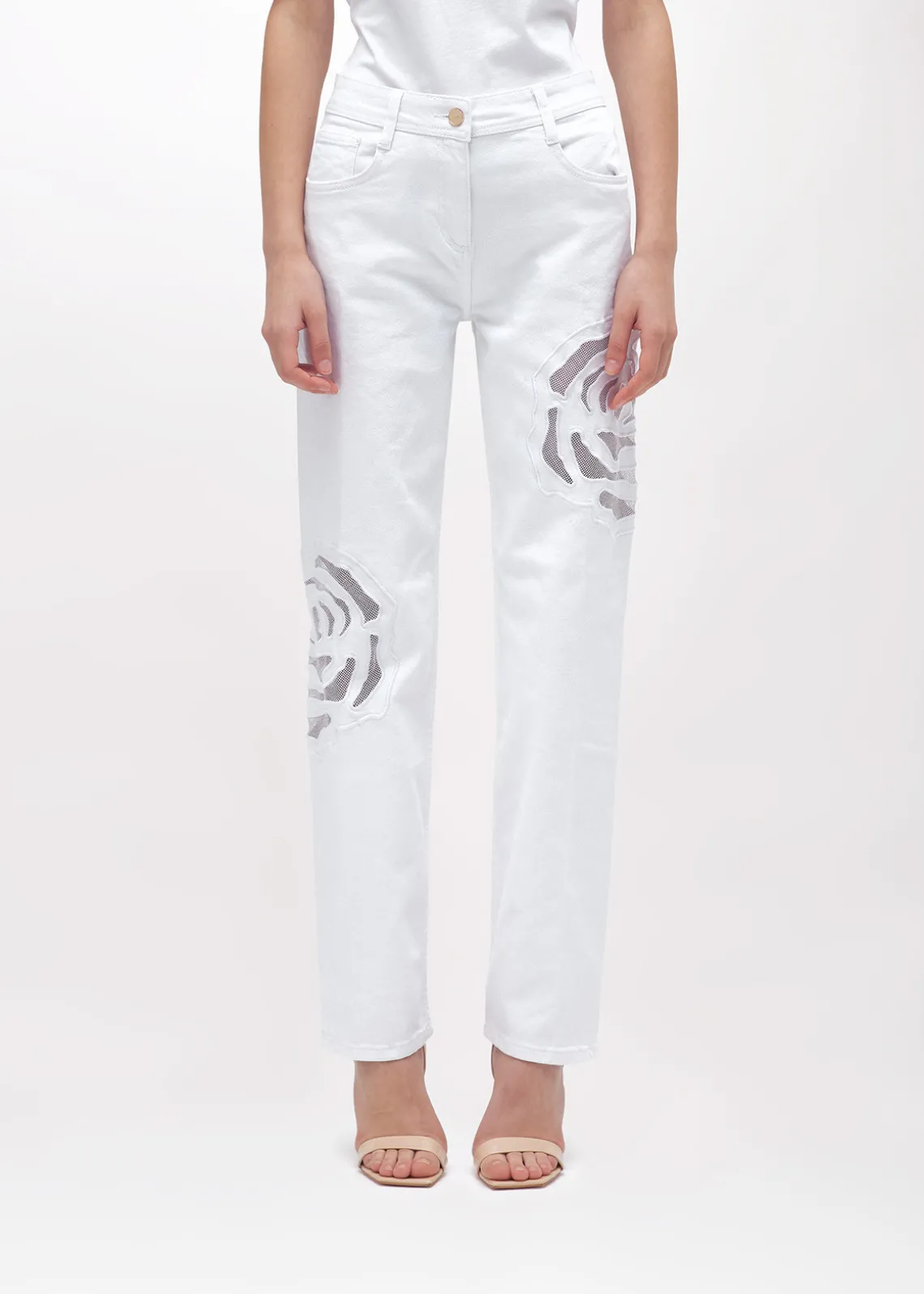 GABARDINE PANTS WITH CUT-OUT ROSE DESIGN