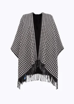 HOUNDSTOOTH PRINT PONCHO WITH BROOCH