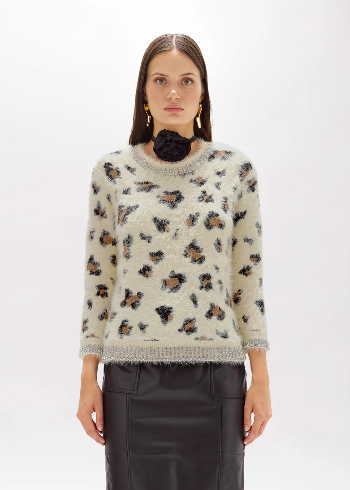JACQUARD ANIMALIER PRINT SWEATER WITH RHINESTONES