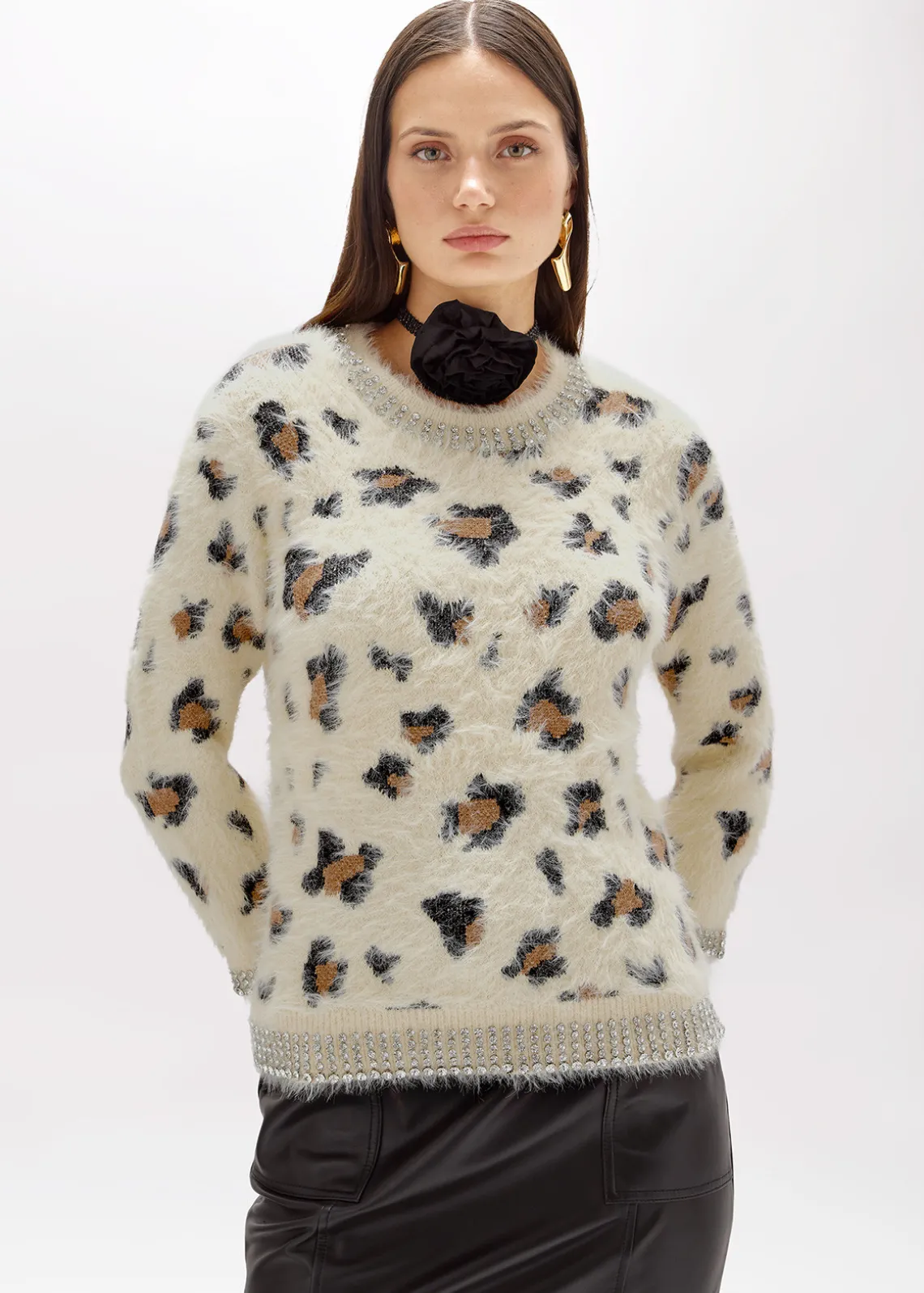 JACQUARD ANIMALIER PRINT SWEATER WITH RHINESTONES
