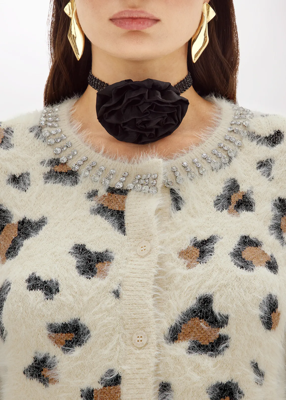 JACQUARD ANIMALIER PRINT CARDIGAN WITH RHINESTONES
