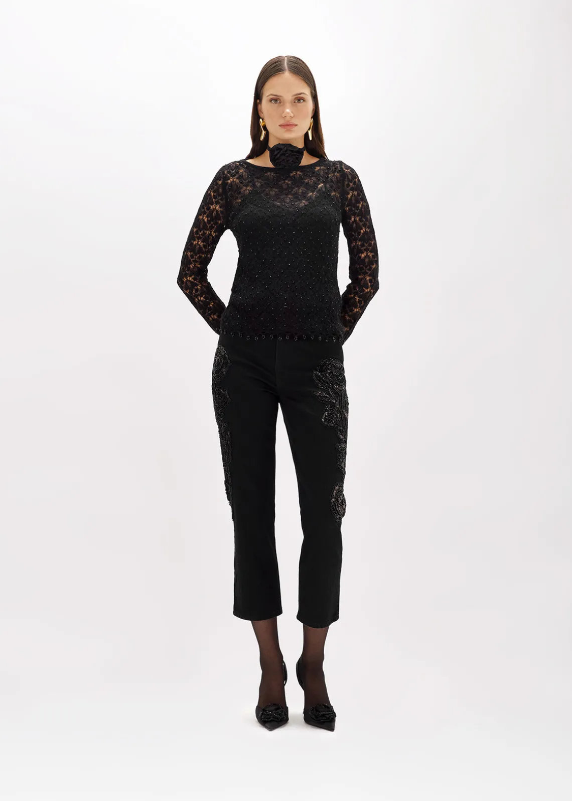 LACE STITCH SWEATER WITH EMBROIDERY