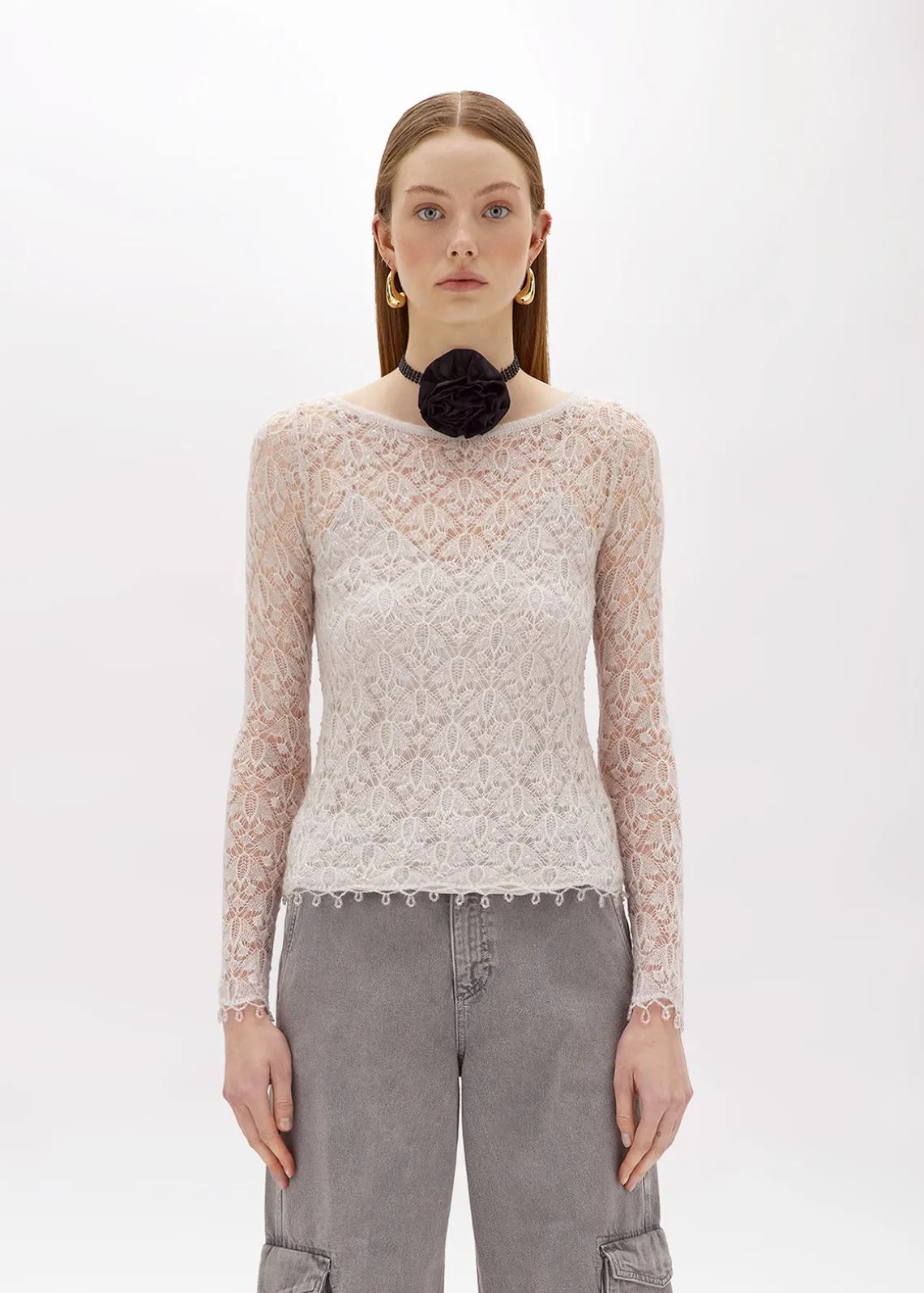 LACE STITCH SWEATER WITH EMBROIDERY