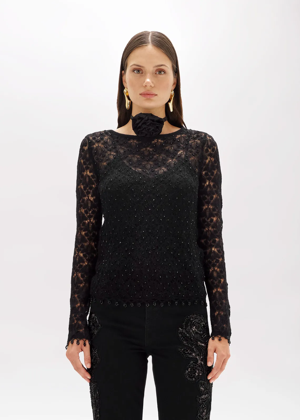 LACE STITCH SWEATER WITH EMBROIDERY