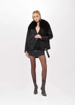 LEATHER BIKER JACKET WITH FAUX FUR