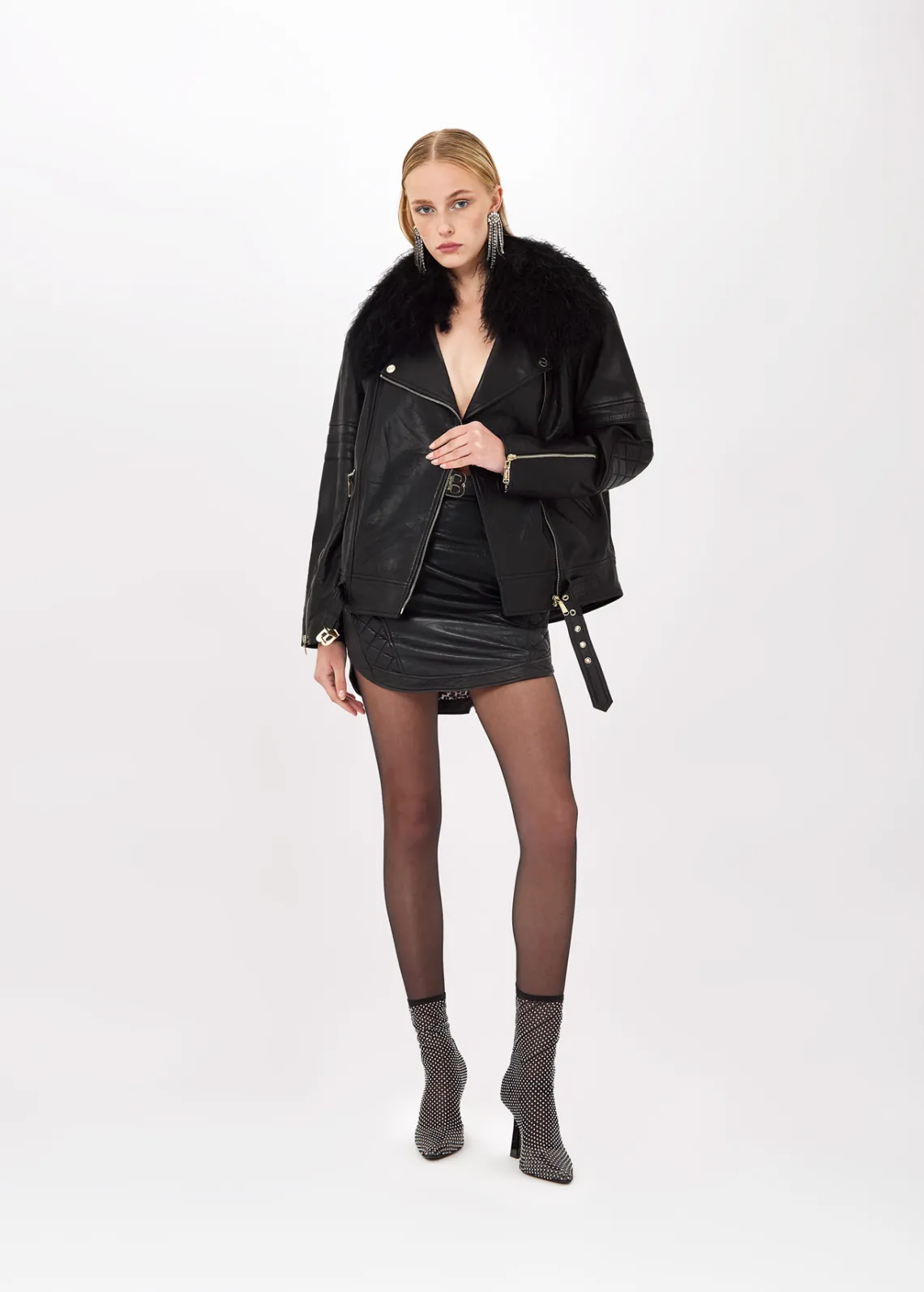 LEATHER BIKER JACKET WITH FAUX FUR