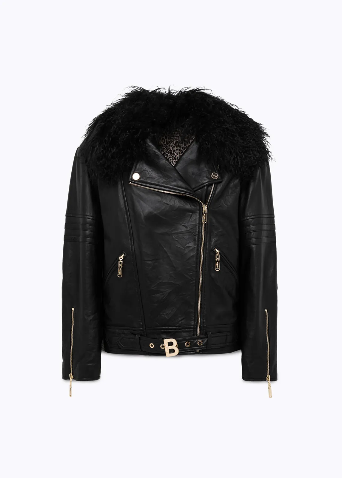 LEATHER BIKER JACKET WITH FAUX FUR