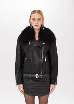 LEATHER BIKER JACKET WITH FAUX FUR