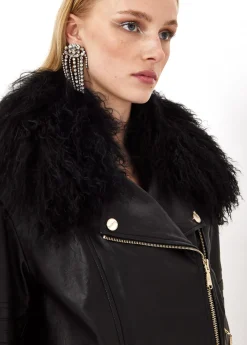 LEATHER BIKER JACKET WITH FAUX FUR