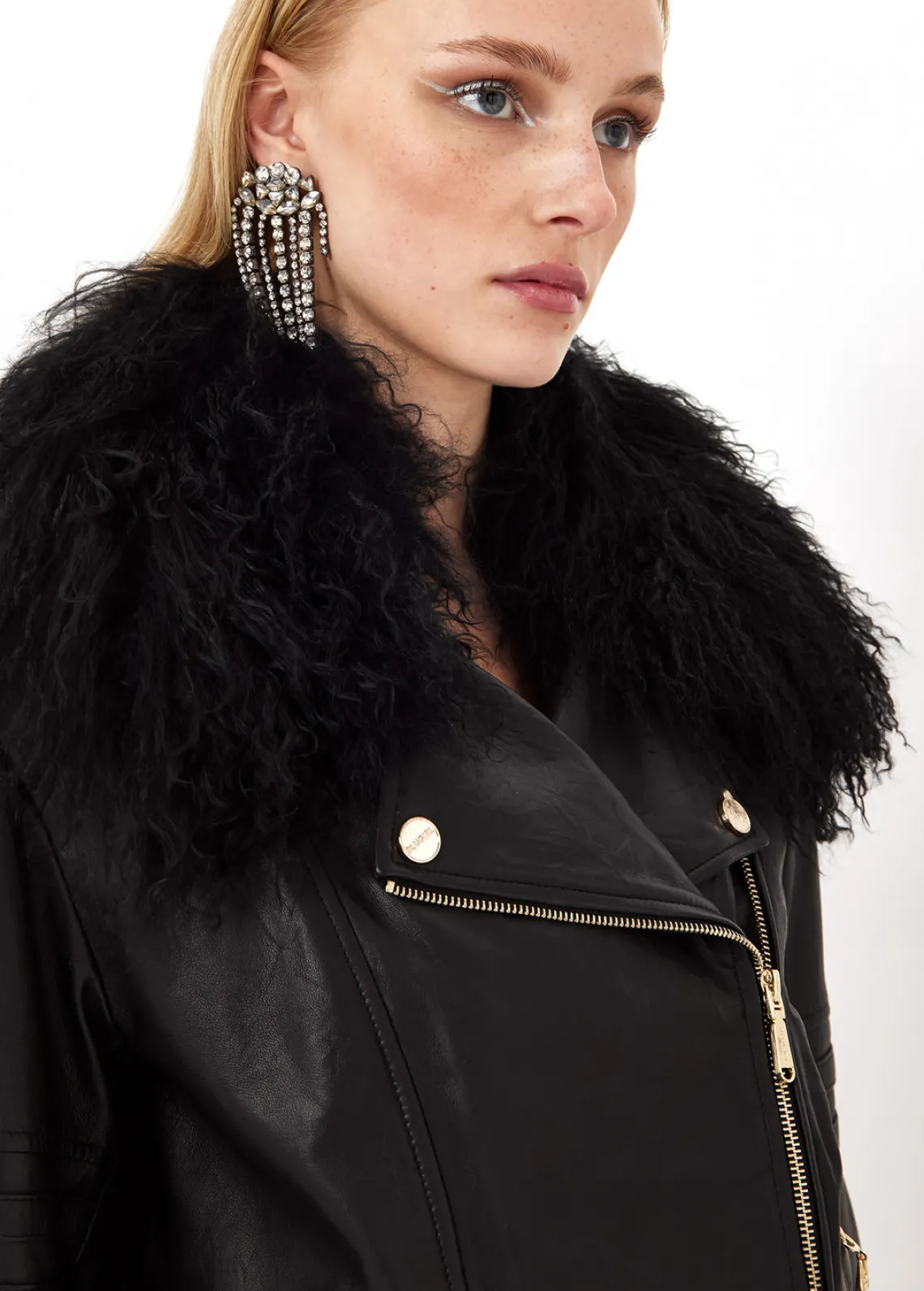 LEATHER BIKER JACKET WITH FAUX FUR